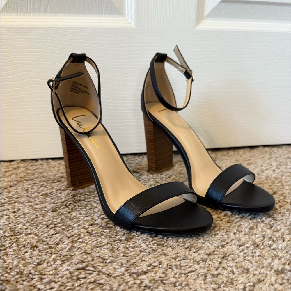 Lulu’s Taylor Black Stacked Ankle Strap Heels Chunky 4 inch tall heels